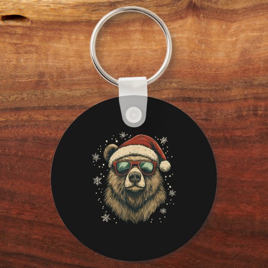 Grizzly Bear Santa Hat Funny Cute Animal Lover Chr Sleutelhanger (Voorkant)