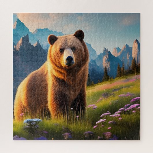 Grizzly Beer aan bergkant, bloemen Legpuzzel (Verticaal)