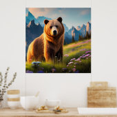 Grizzly Beer aan bergkant, bloemen Poster (Keuken)