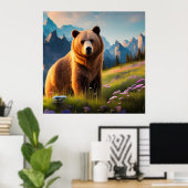 Grizzly Beer aan bergkant, bloemen Poster (Thuiskantoor)