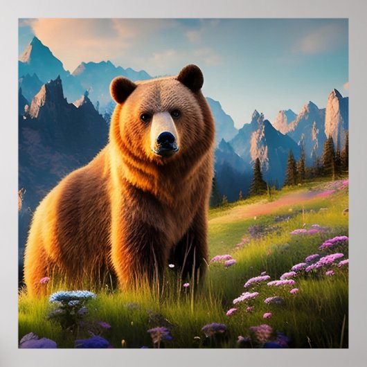 Grizzly Beer aan bergkant, bloemen Poster (Voorkant)