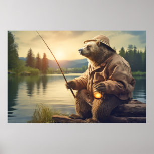 Grizzly Beer Animal Fun Lake Vist Happy Time Poster