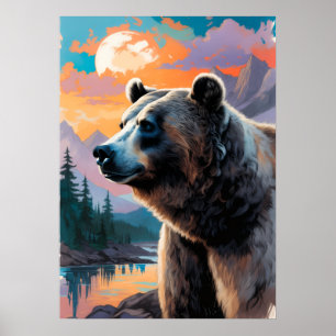 Grizzly Beer Berg Zonsondergang Aquarel Kunstprint Poster