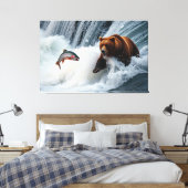 grizzly Beer catching salmon Canvas Afdruk (Insitu (Slaapkamer))