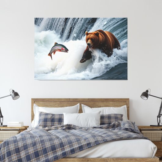 grizzly Beer catching salmon Canvas Afdruk (Insitu (Slaapkamer))