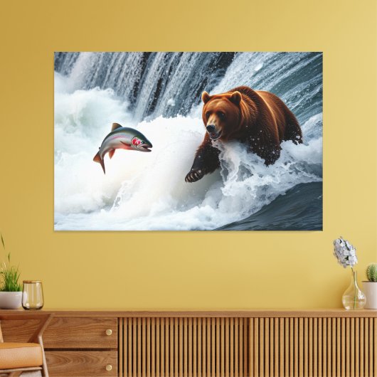 grizzly Beer catching salmon Canvas Afdruk (Insitu (Woonkamer))