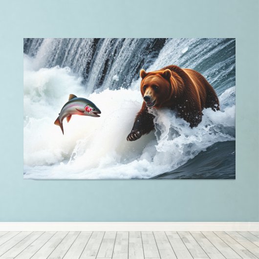 grizzly Beer catching salmon Canvas Afdruk (Insitu (Houten vloer))