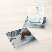 grizzly Beer catching salmon Glazen Onderzetter (Schuin)
