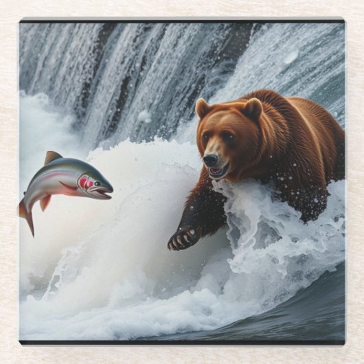 grizzly Beer catching salmon Glazen Onderzetter (Voorkant)