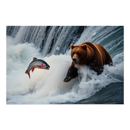 grizzly Beer catching salmon Perfect Poster (Voorkant)