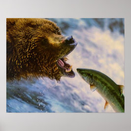 Grizzly Beer Catching Steelhead Salmon Poster