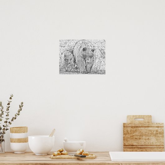 Grizzly Beer & Cub Grey scale abstract kleuren Poster (Keuken)