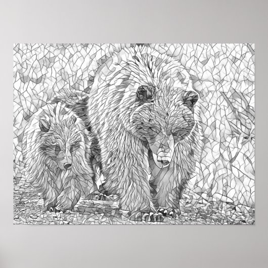 Grizzly Beer & Cub Grey scale abstract kleuren Poster (Voorkant)