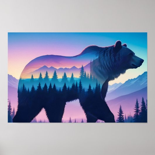 Grizzly Beer Dubbele Blootstelling Dierlijke Natuu Poster (Voorkant)
