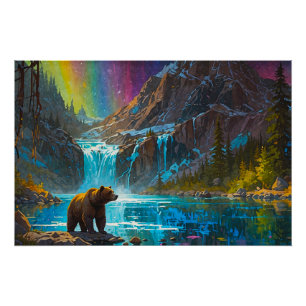 Grizzly Beer en Northern Lights Art Perfect Poster