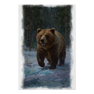 Grizzly Beer en Snowy Trail Wildlife Design Perfect Poster
