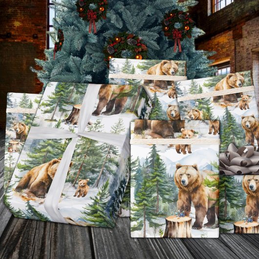 Grizzly Beer Familie Roam Een Winter Bosbos Cadeaupapier