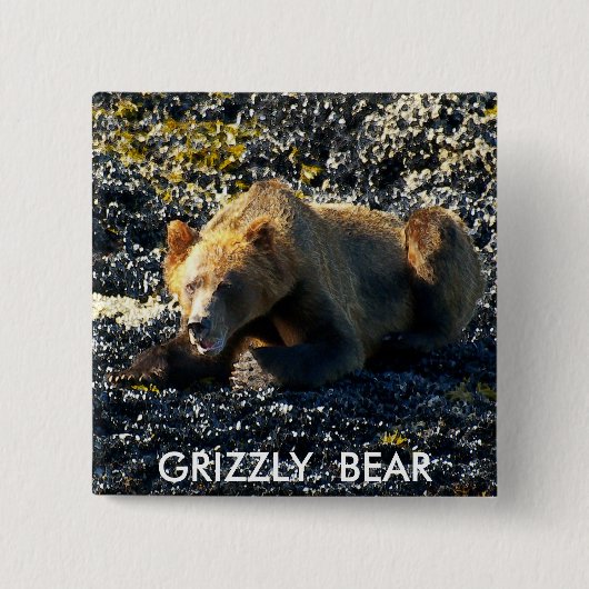 GRIZZLY BEER KUNST VIERKANTE BUTTON 5,1 CM (Voorkant)