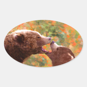 Grizzly Beer mam en snijkunst - Wildlife Art Ovale Sticker