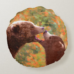 Grizzly Beer mam en snijkunst - Wildlife Art Rond Kussen