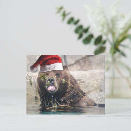 Grizzly Beer met Santa Hat Feestdagenkaart (Staand voorkant)