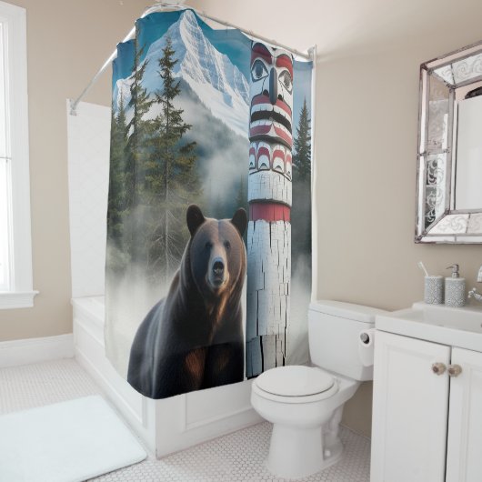 Grizzly Beer met Totem Pole Wildlife Art Douchegordijn (In situ)