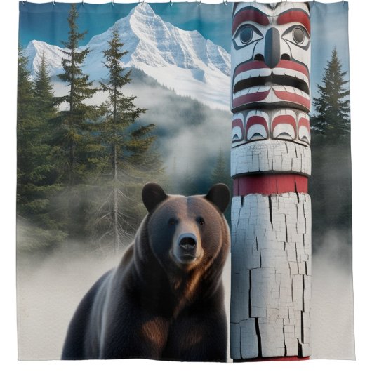 Grizzly Beer met Totem Pole Wildlife Art Douchegordijn (Voorkant)