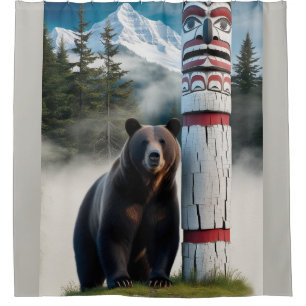 Grizzly Beer met Totem Pole Wildlife Art Douchegordijn