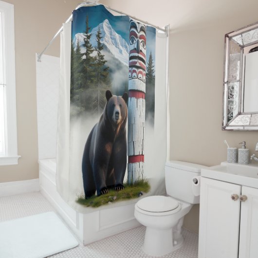 Grizzly Beer met Totem Pole Wildlife Art Douchegordijn (In situ)