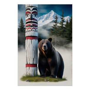 Grizzly Beer met Totem Pole Wildlife Art Perfect Poster