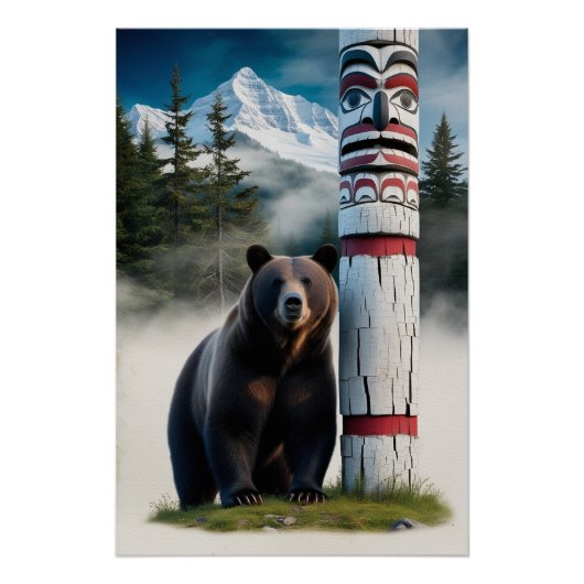 Grizzly Beer met Totem Pole Wildlife Art Perfect Poster (Voorkant)