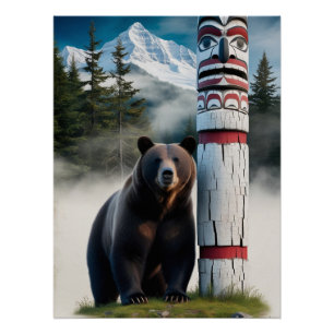Grizzly Beer met Totem Pole Wildlife Art Perfect Poster