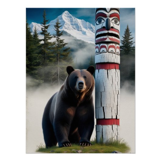 Grizzly Beer met Totem Pole Wildlife Art Perfect Poster (Voorkant)