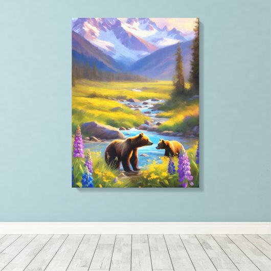 Grizzly Beer Mountain Meadow Wildflower Schilderij Canvas Afdruk (Insitu (Houten vloer))