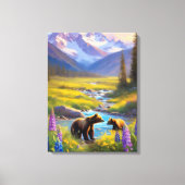 Grizzly Beer Mountain Meadow Wildflower Schilderij Canvas Afdruk (Voorkant)