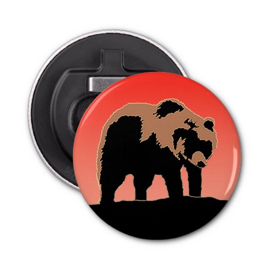 Grizzly Beer op zonsondergang - Originele Wildlife Button Flesopener (Voorkant)