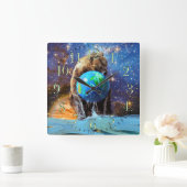 Grizzly Beer & Planet Earth Fantasy Art Clock Vierkante Klok (Huis)