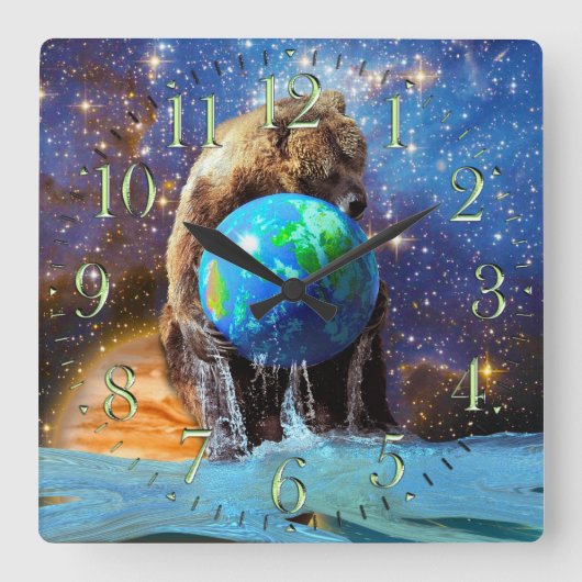 Grizzly Beer & Planet Earth Fantasy Art Clock Vierkante Klok (Voorkant)