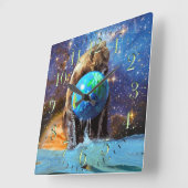 Grizzly Beer & Planet Earth Fantasy Art Clock Vierkante Klok (Hoek)