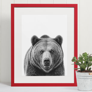 Grizzly Beer Portrait Woodland Zwart wit Poster