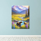 Grizzly Beer Rocky Mountain Spring Meadow Lupinen Canvas Afdruk (Insitu (Houten vloer))
