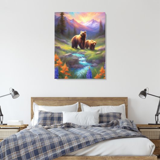 Grizzly Beer Rocky Mountain Spring Meadow Schilder Canvas Afdruk (Insitu (Slaapkamer))