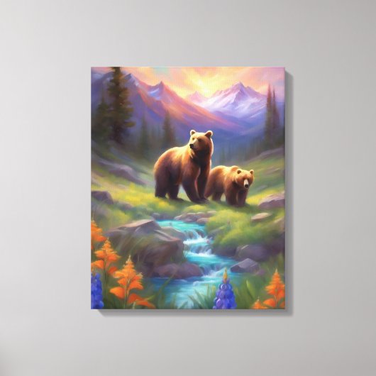 Grizzly Beer Rocky Mountain Spring Meadow Schilder Canvas Afdruk (Voorkant)