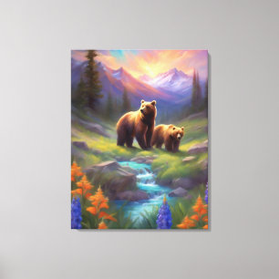 Grizzly Beer Rocky Mountain Spring Meadow Schilder Canvas Afdruk