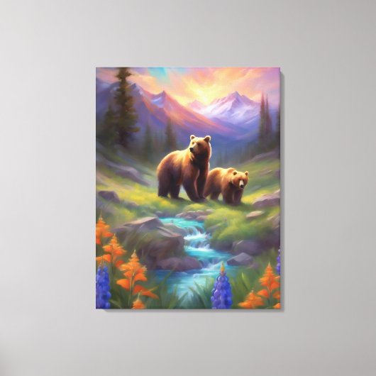 Grizzly Beer Rocky Mountain Spring Meadow Schilder Canvas Afdruk (Voorkant)