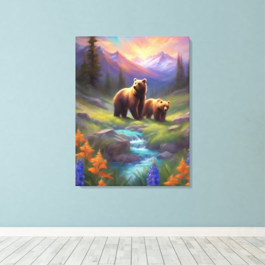 Grizzly Beer Rocky Mountain Spring Meadow Schilder Canvas Afdruk (Insitu (Houten vloer))
