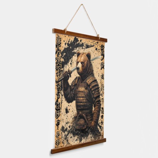 Grizzly Beer Samurai Warrior - Japanse Inktstijl Hangend Wandkleed (Gebogen)