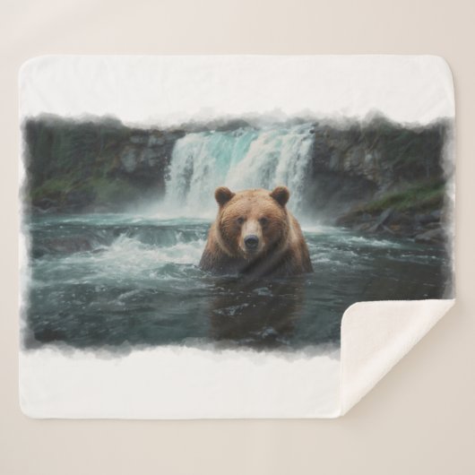 Grizzly Beer & Waterfall Wildlife Design Sherpa Deken (Voorkant (horizontaal))