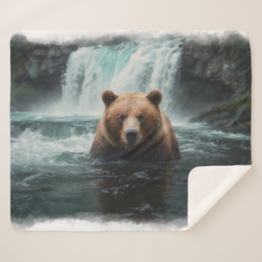 Grizzly Beer & Waterfall Wildlife Design Sherpa Deken (Voorkant (horizontaal))