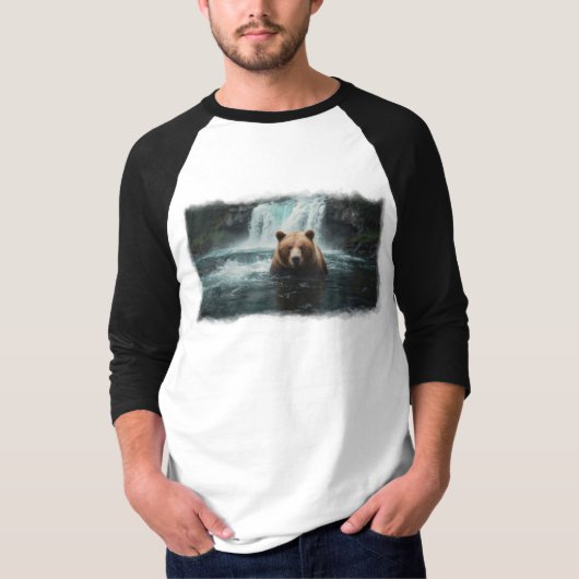 Grizzly Beer & Waterfall Wildlife Design T-shirt (Voorkant)